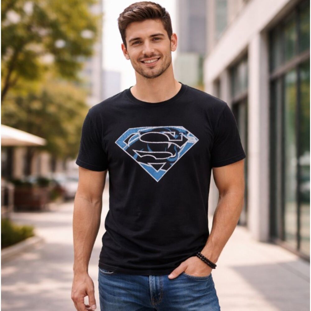 Panthers x Superman Collab T-Shirt Black Pre-Shrunk Cotton Logo Tee Men’s L NFL